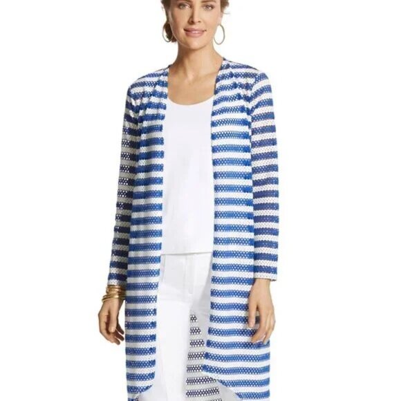 NWT Chico's Striped Tess Cardigan Sz 1 Majestic Blue - Picture 1 of 7